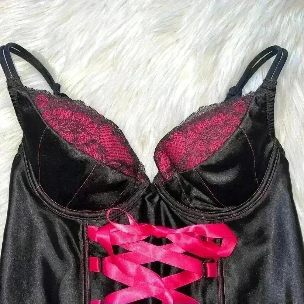 Cacique Corset Top Black Satin Neon Pink with Front Ribbon 14/16